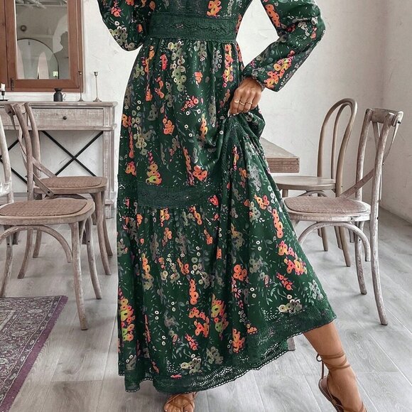Green Boho Elegant Women's Floral Lace Trim Maxi Dress - Picture 5 of 5